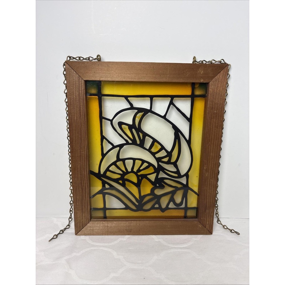 Vintage Mushroom Stained Glass Art Gold Color Wooden Hanging Frame MCM 10x12"